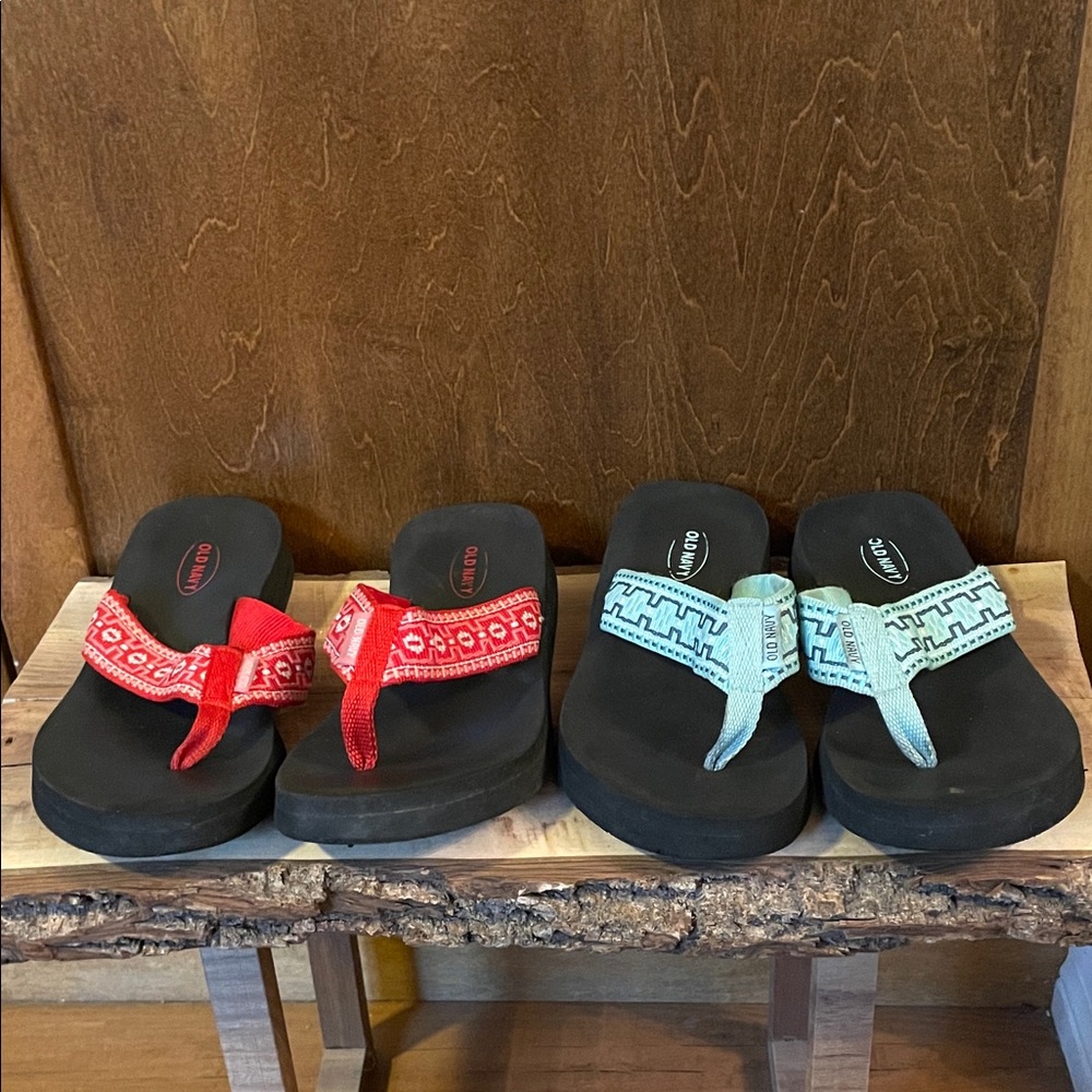 Old Navy Black Sandals with Red and Blue Accents